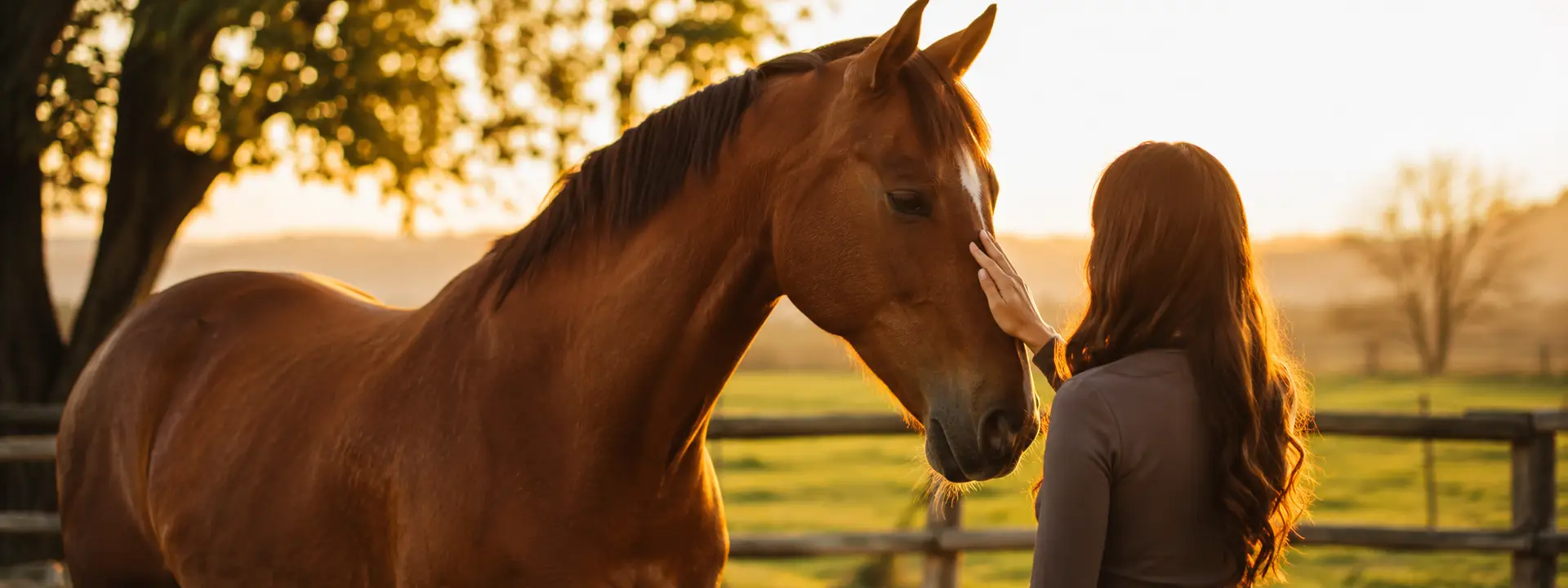 Horse with its owner at sunset