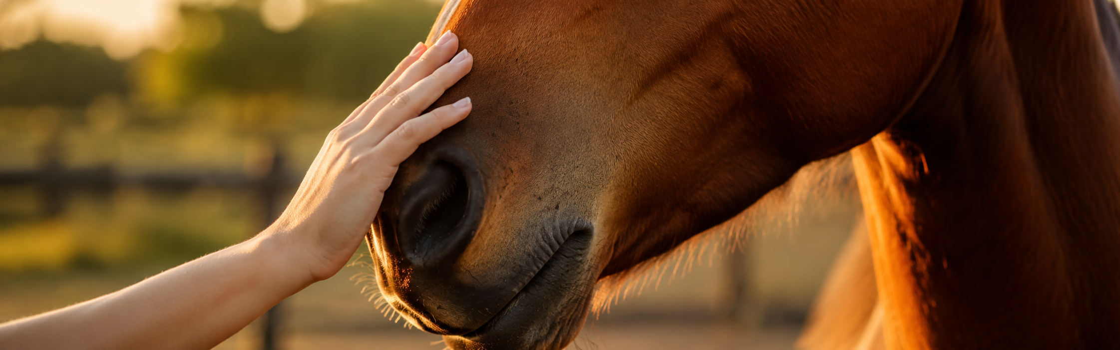 Hand gently touching a horse's muzzle, care and trust